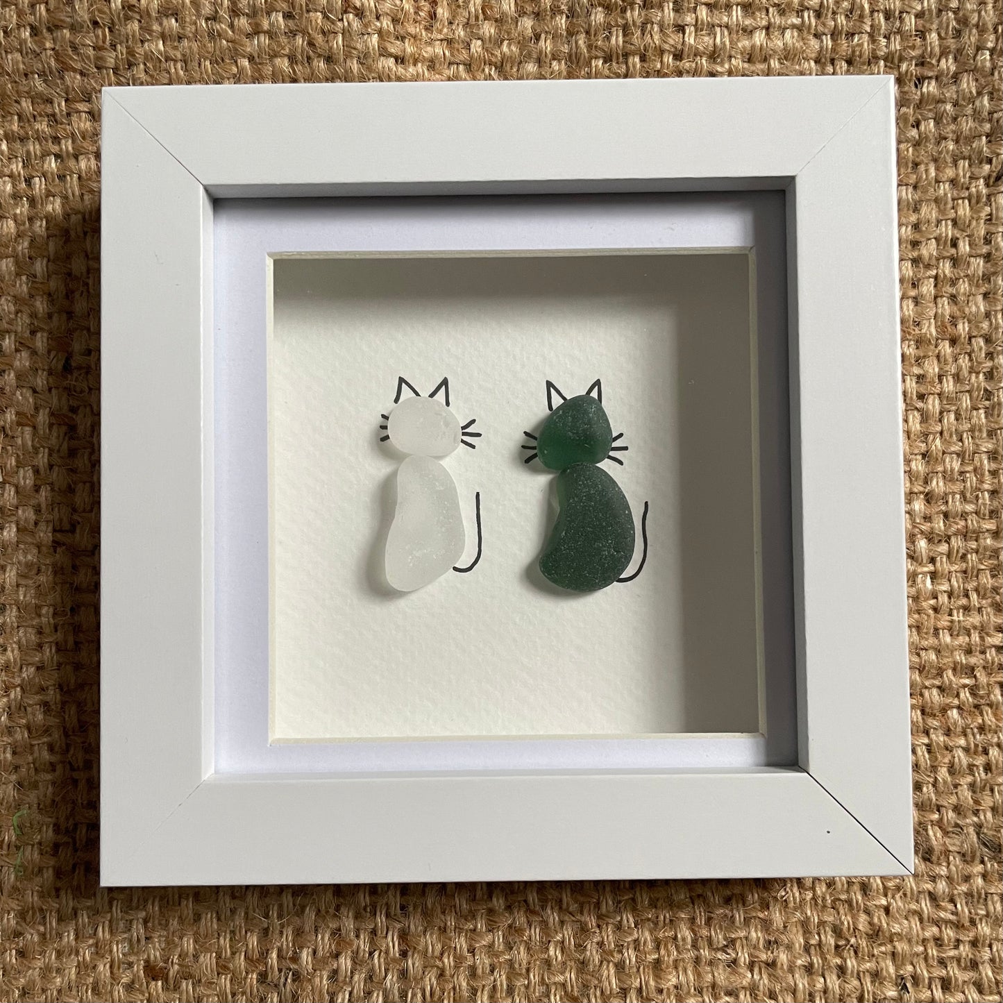 Green & white seaglass cats frame