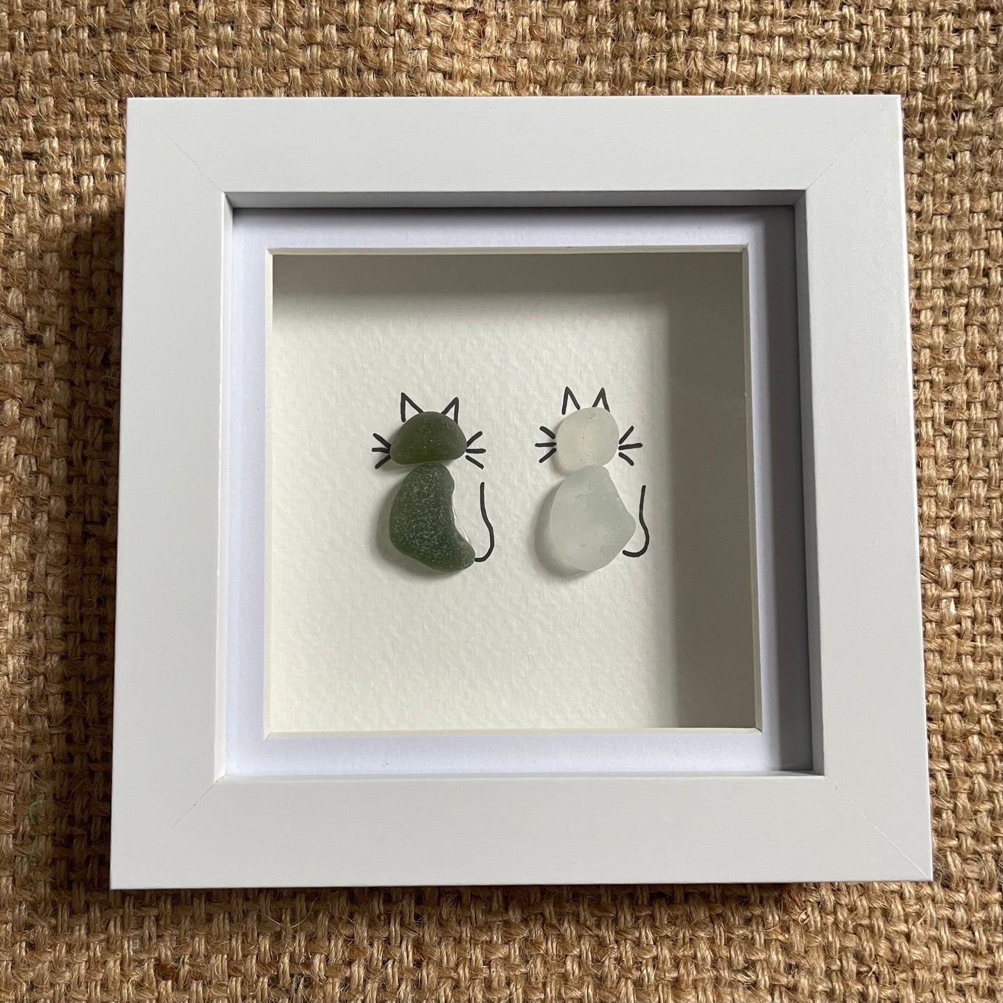 Green & white seaglass cats frame