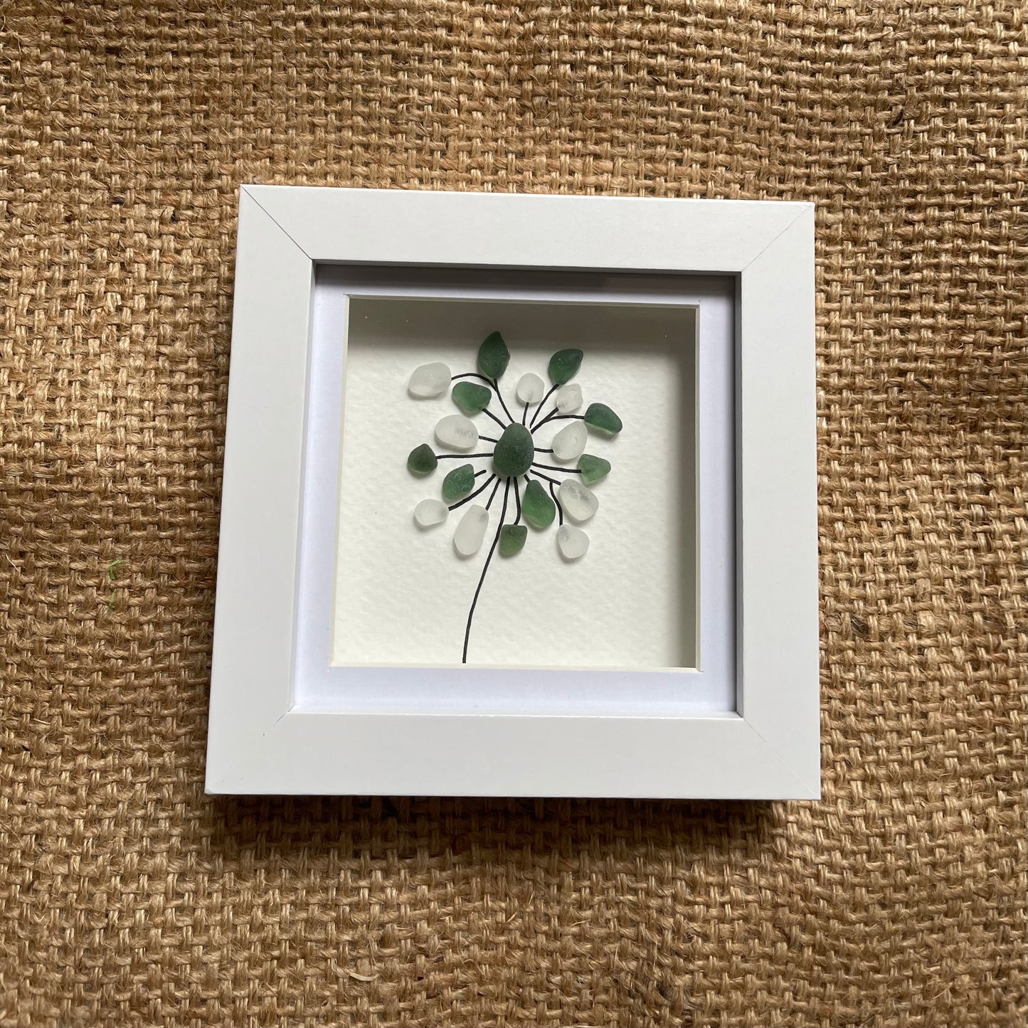 Green and white seaglass flower frame