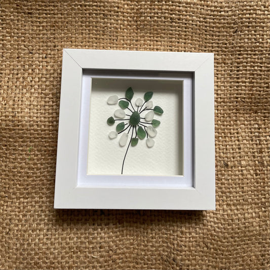 Green and white seaglass flower frame
