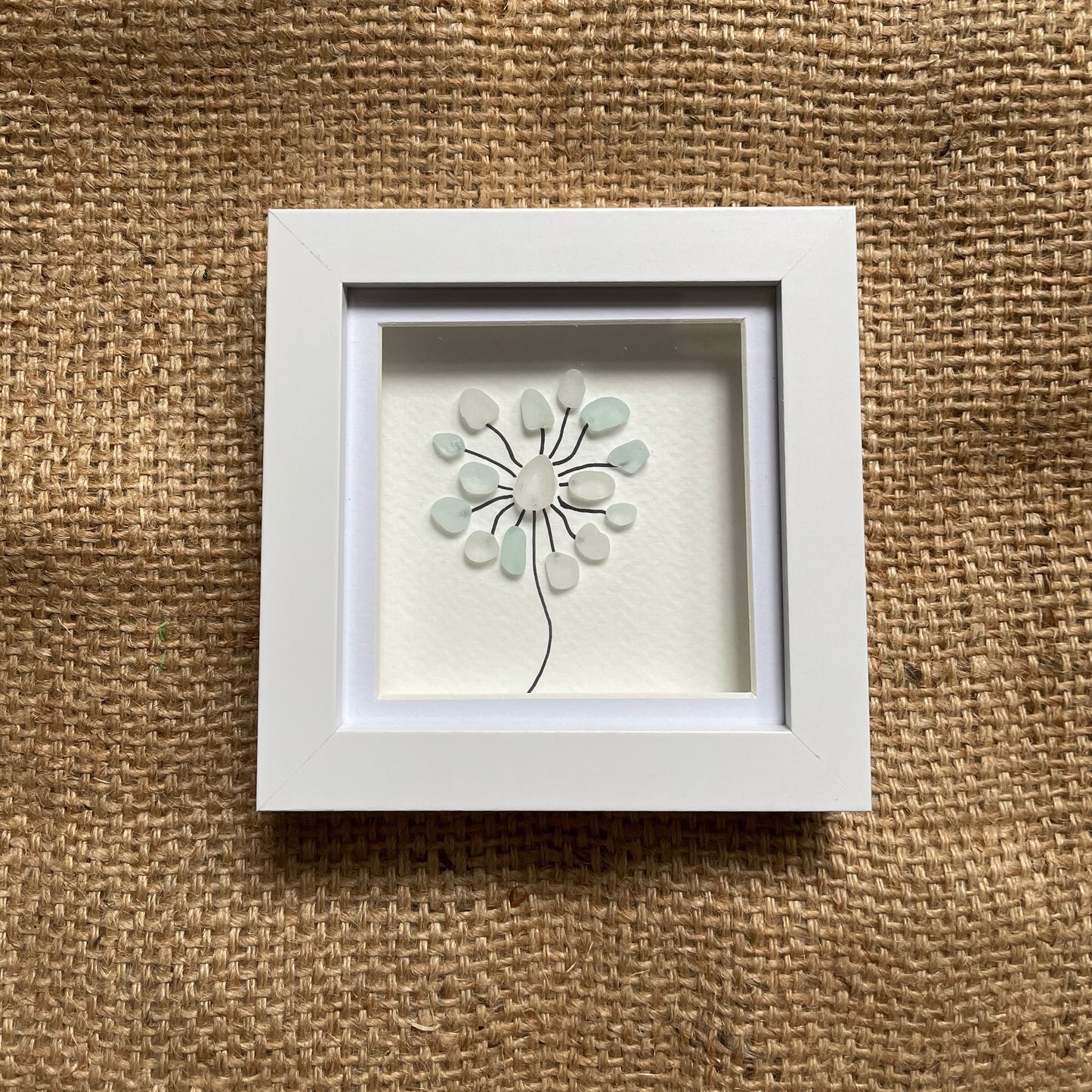 Blue and white seaglass flower frame