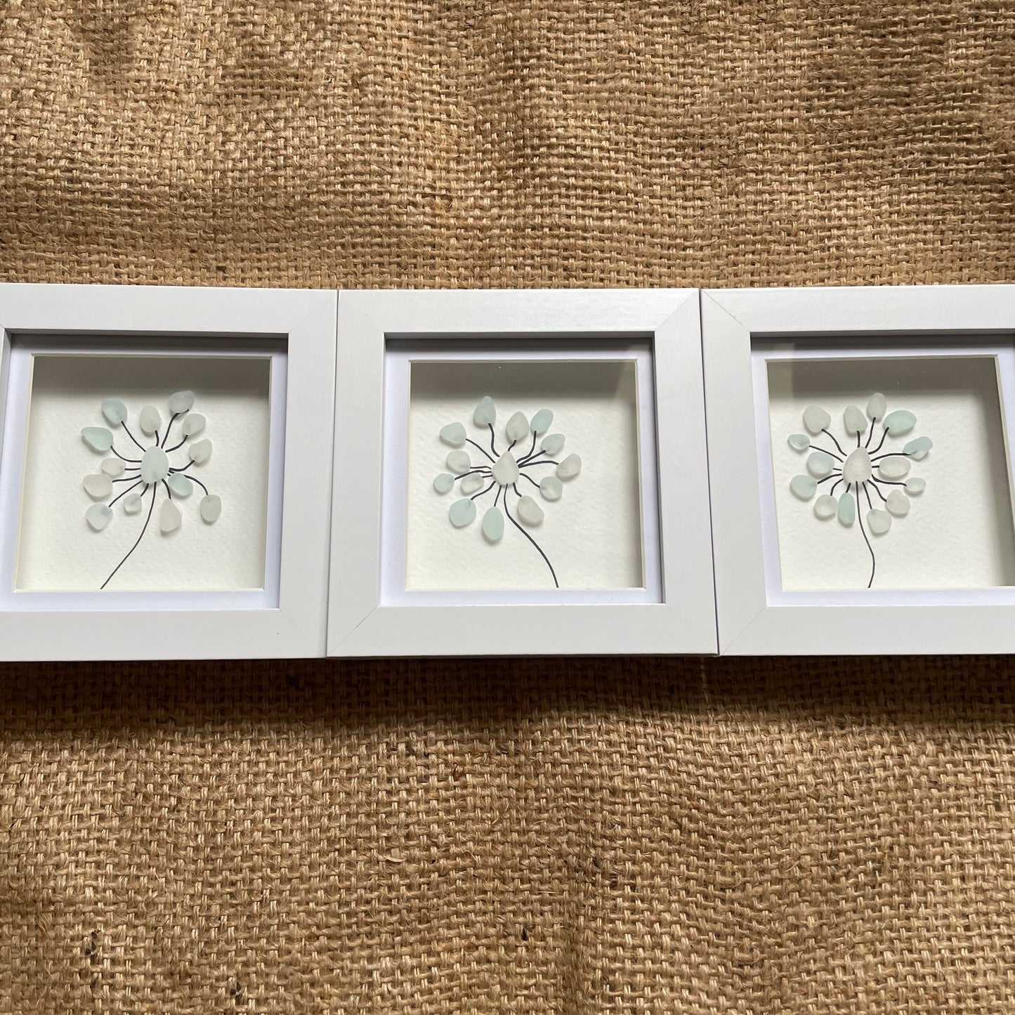 Blue and white seaglass flower frame