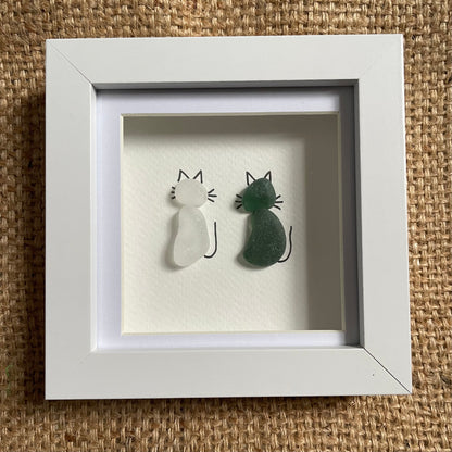 Green & white seaglass cats frame
