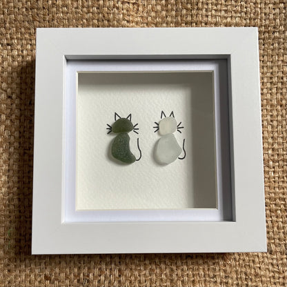 Green & white seaglass cats frame