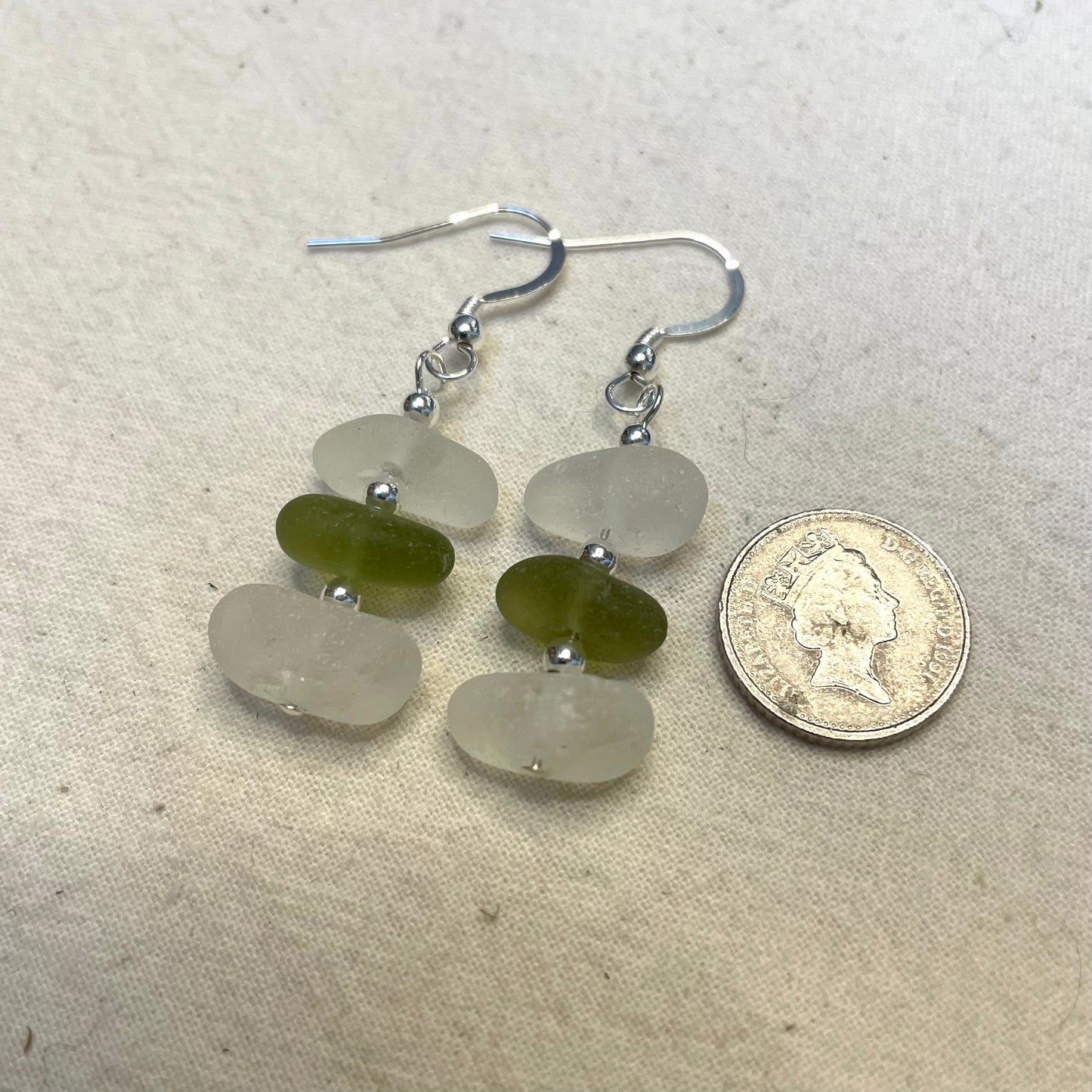 White and green 3 Bead Earrings (#900)