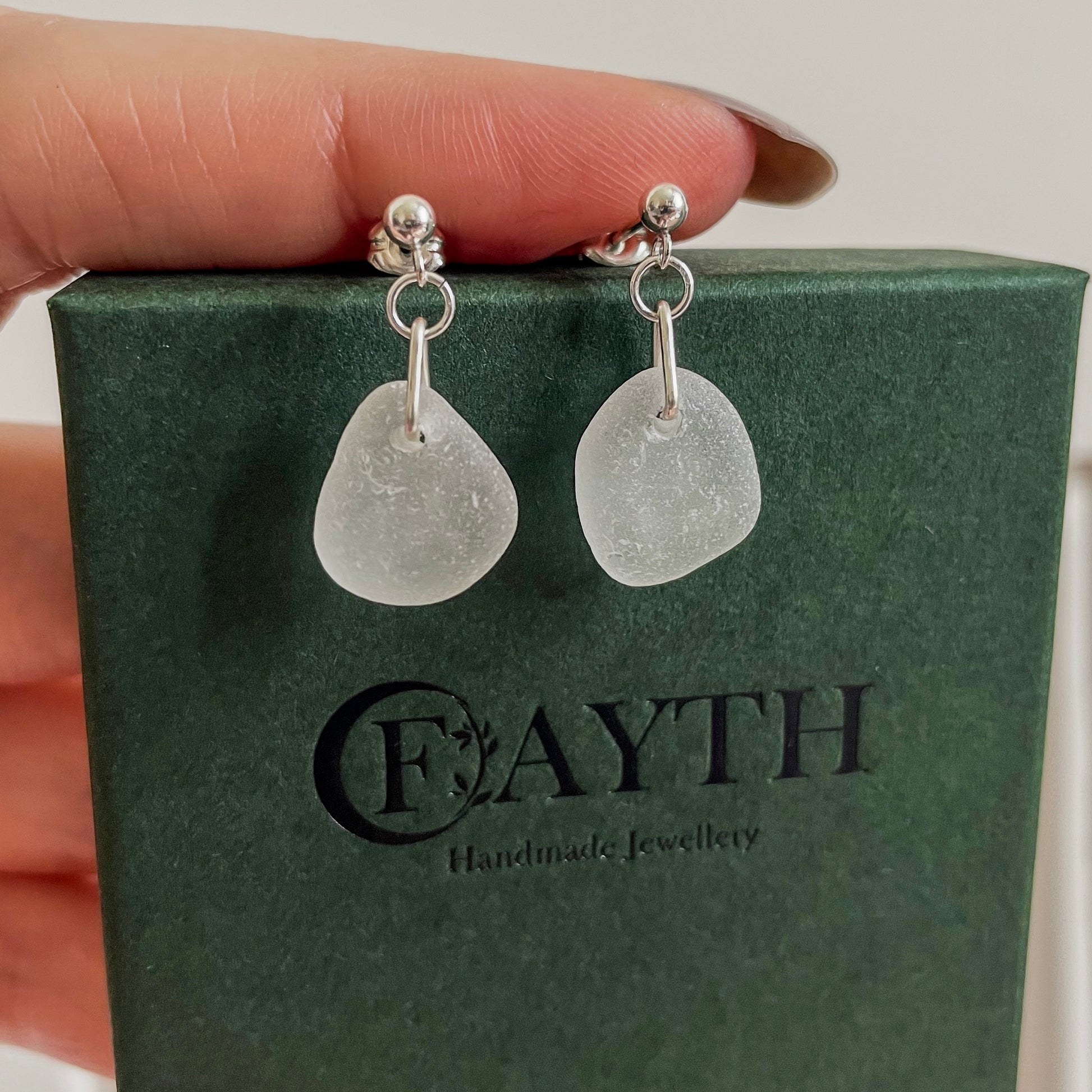 White Sea glass and sterling silver dangle studs
