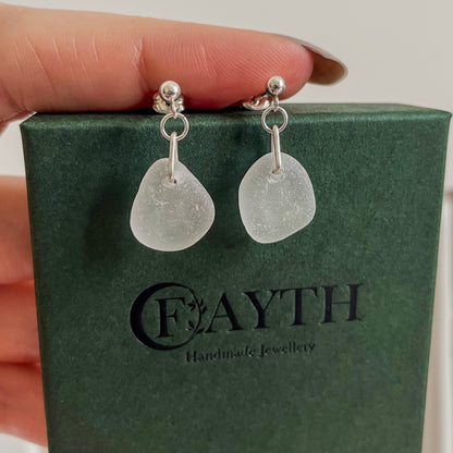 White Sea glass and sterling silver dangle studs