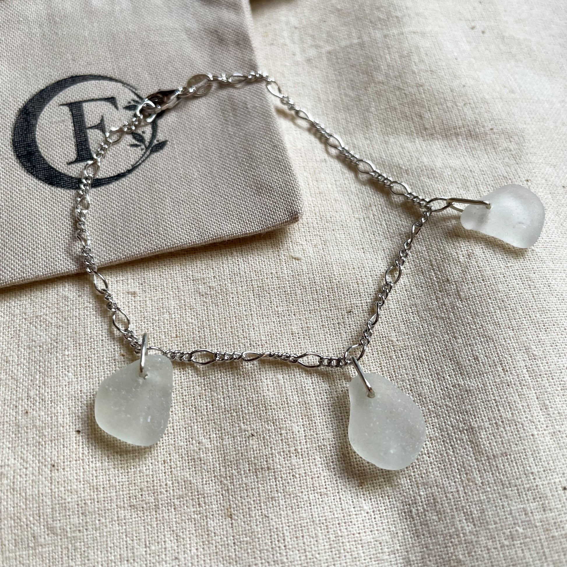 White sea glass and sterling silver Figaro bracelet